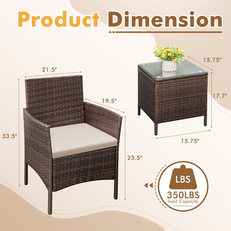 Flamaker Patio Furniture Set 3 Pieces All-Weather Rattan Outdoor Furniture Patio Chairs with Tempered Glass Table for Porch Bistro Balcony (Brown/Cream) Flamaker