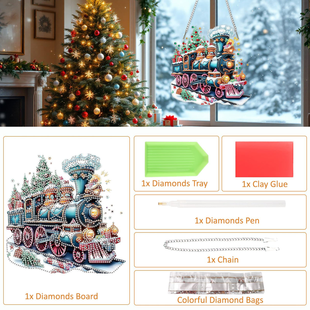 SENQAO Christmas Diamond Art Hanging Kits for Adults Kids, Christmas Train Diamond Art Suncatchers, 5D Special Shape Diamond Painting Pendant Window Ornament Gifts for Home Door Wall Decor SENQAO