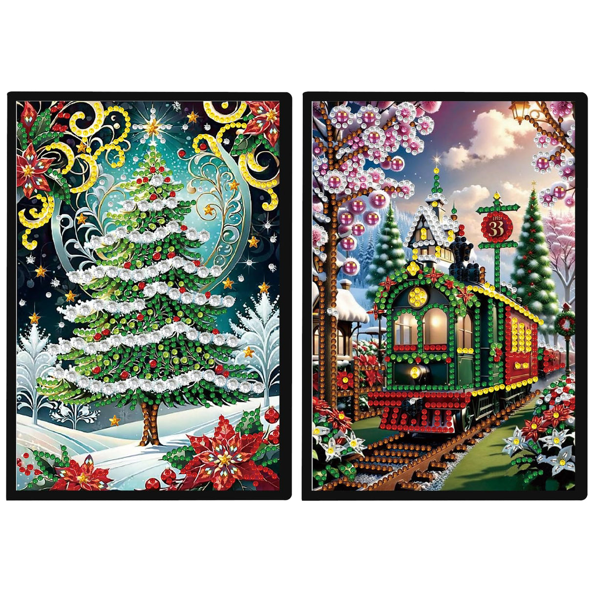 JISHSHAY 2 PCS Christmas Diamond Painting Notebook Diary Christmas Tree Diamond Art Leather Journal Xmas Gem Art Note Book Train Mosaic Kits for Adults Journal Notebook Gem Painting Sketchbook Diary JISHSHAY