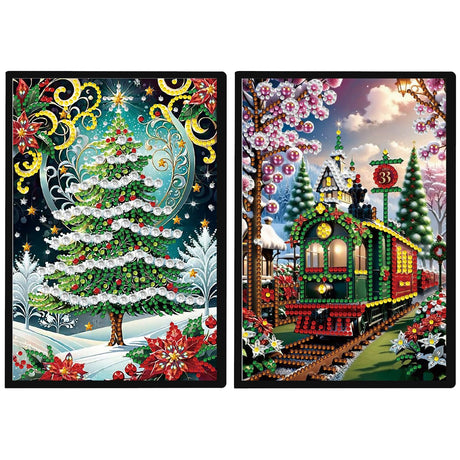 JISHSHAY 2 PCS Christmas Diamond Painting Notebook Diary Christmas Tree Diamond Art Leather Journal Xmas Gem Art Note Book Train Mosaic Kits for Adults Journal Notebook Gem Painting Sketchbook Diary JISHSHAY
