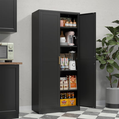 71" Tall Kitchen Storage Cabinet with Gold Handles, Metal Pantry Cabinets with 2 Doors, Food Pantry, Adjustable Shelves, Black Freestanding Pantry Cupboard for Dining Room, Kitchen -Assembly  - WoodArtSupply