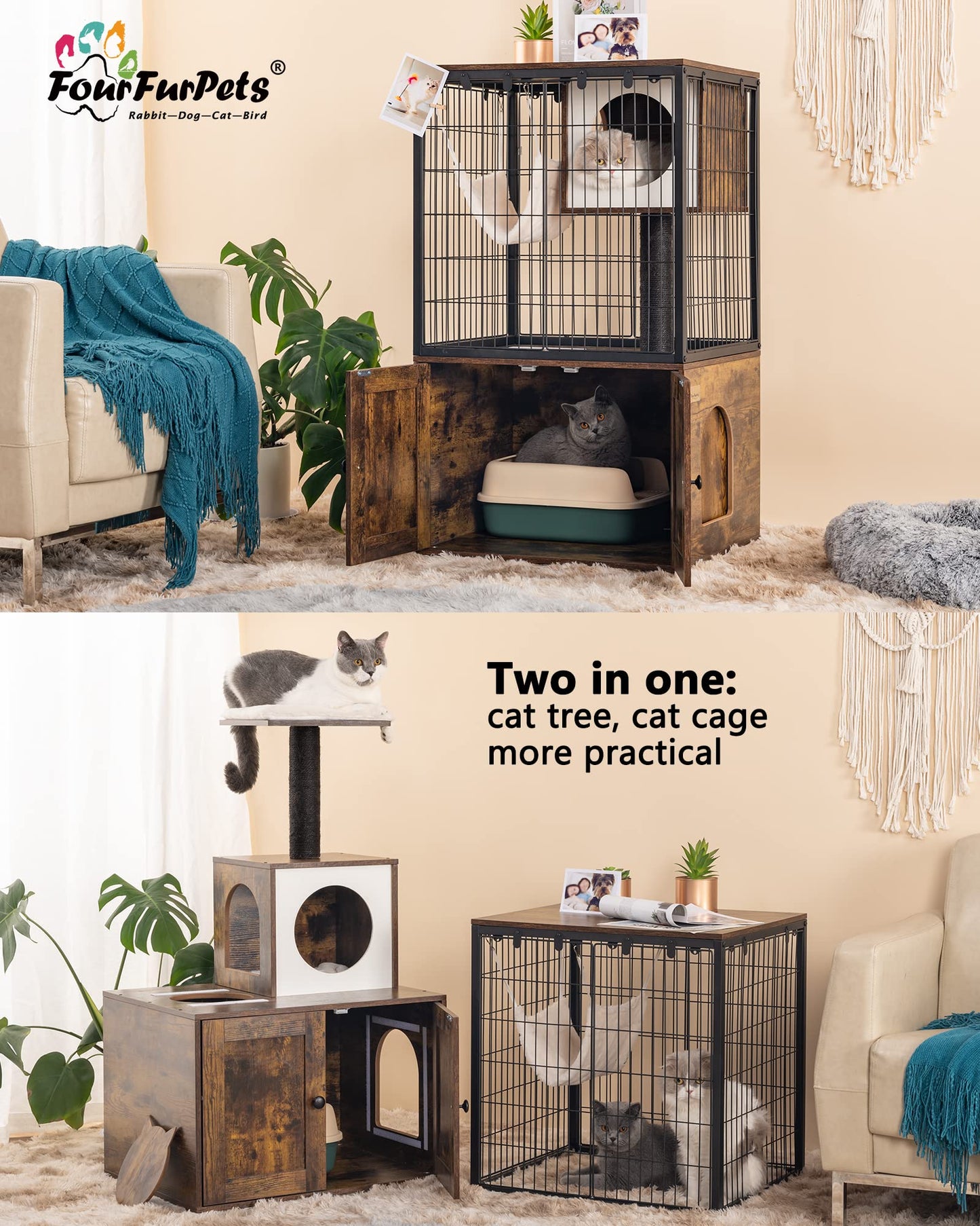 Fourfurpets Cat Litter Box Enclosure, Cat Trees, Wire Cat Cages, All-in-one, Removable and Washable Cushion, Hammock, Natural Sisal Posts, Anti-tip, Height-Adjustable, Rustic Brown - WoodArtSupply