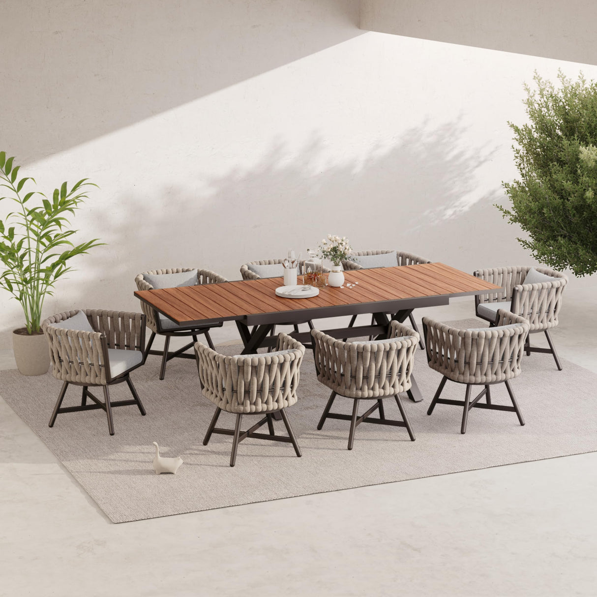 Grand patio 9-Piece Outdoor Dining Set for 8, Patio Dining Furniture Set for 8 Swivel Rope Wicker Chairs & 1 Extendable Rectangular Dining Table, Light Gray Brown Grand patio