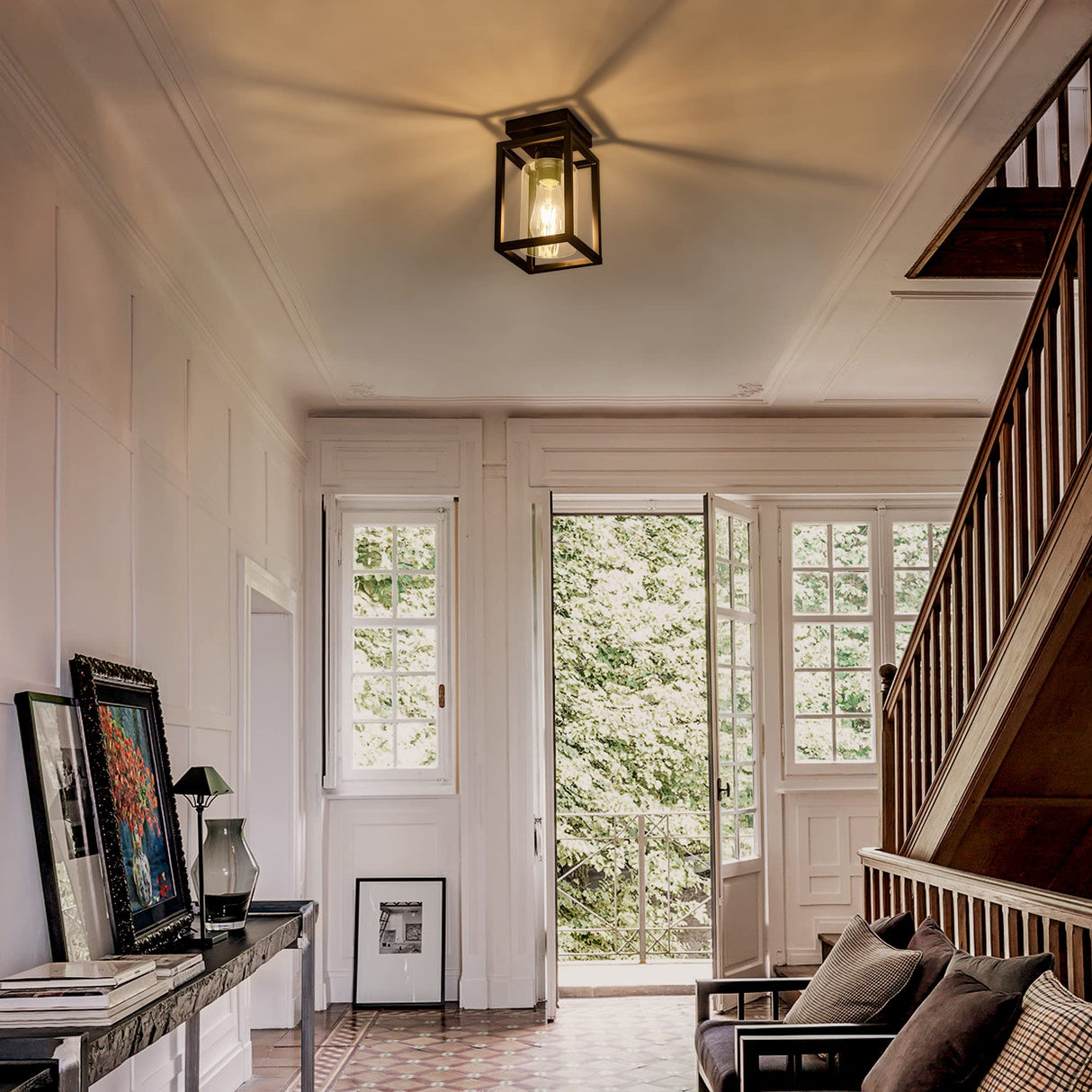 Mayful Flush Mount Ceiling Light Fixture with Clear Glass Shade, Farmhouse Black Metal Frame Light Fixture for Kitchen Island Entryway Porch Foyer Dining Room, E26 Ceramic Base Mayful