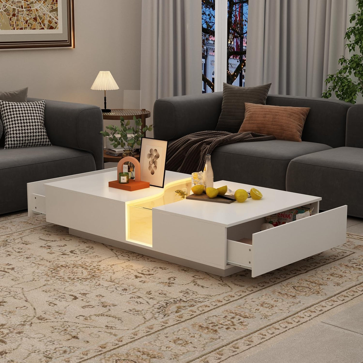 ECACAD Modern LED Coffee Table with 2 Drawers, Tempered Glass Top & Remote Control, Rectangle Coffee Center Table for Living Room & Reception Room, White 31.5”D x 55.1”W x 11.8”H ECACAD