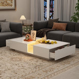 ECACAD Modern LED Coffee Table with 2 Drawers, Tempered Glass Top & Remote Control, Rectangle Coffee Center Table for Living Room & Reception Room, White 31.5”D x 55.1”W x 11.8”H ECACAD