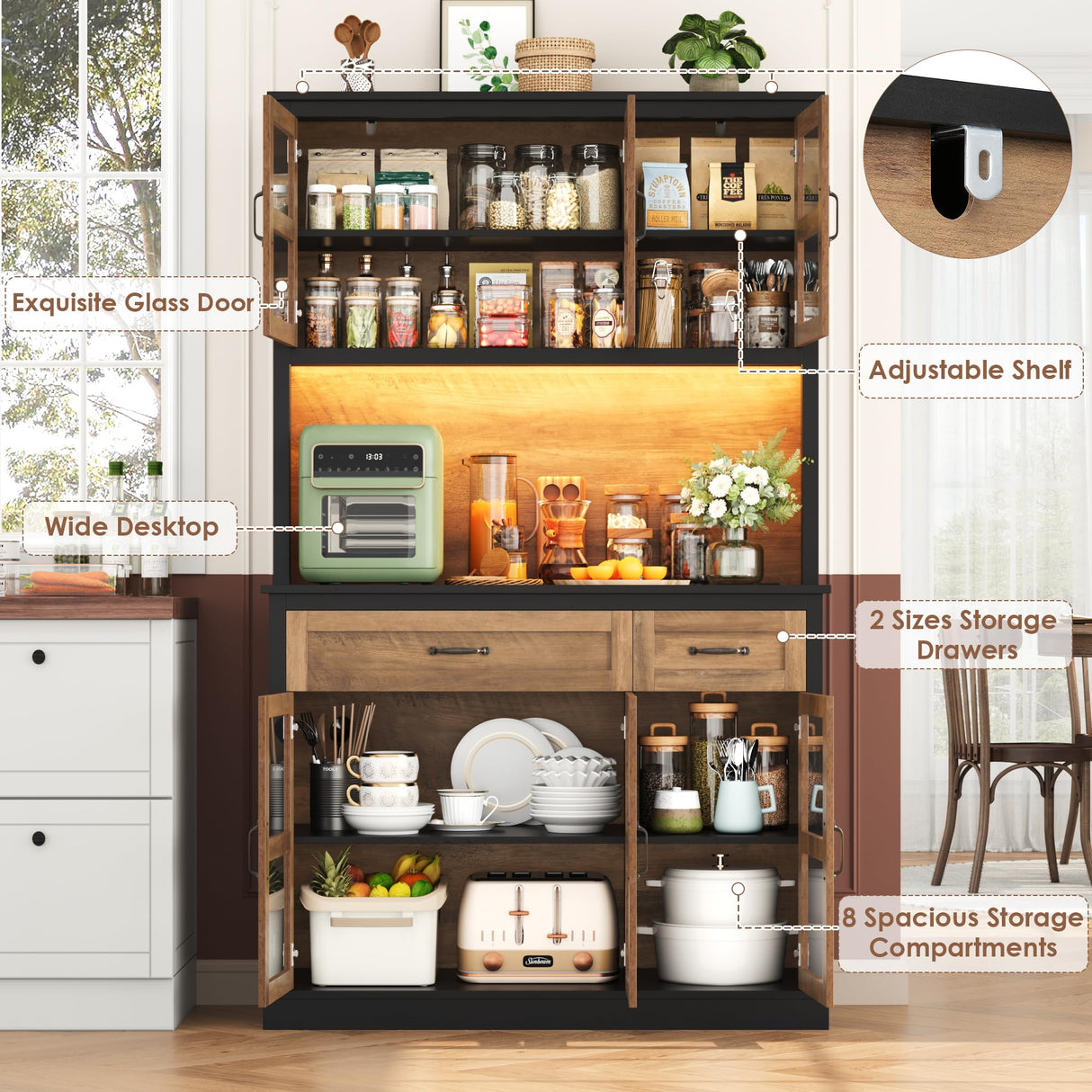 FINETONES 71" Pantry Cabinet with LED Light and Charging Station, Kitchen Pantry Cabinet with Glass Doors and Microwave Stand, Kitchen Cabinets Hutch Cupboard with Doors and Shelves, Black/Brown FINETONES