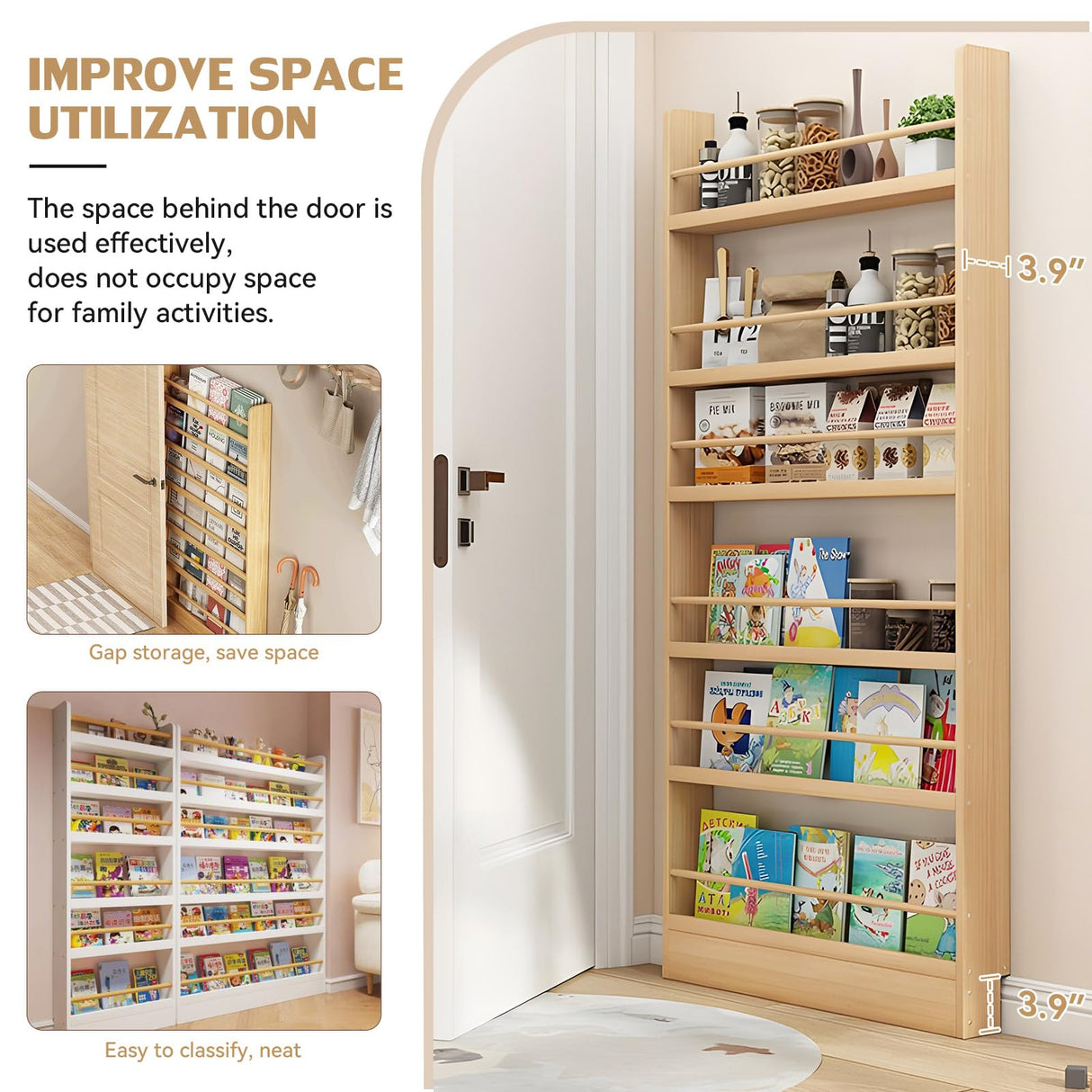 WOOOFA Behind The Door Bookshelf, Behind Door Bookshelf, 6-Tier Book Shelf, Narrow Thin Bookshelf for Kids, Space Saving, Anti-tip, Wall Mounted Book Toy Organizer for Bedroom, Living Room, Office WOOOFA