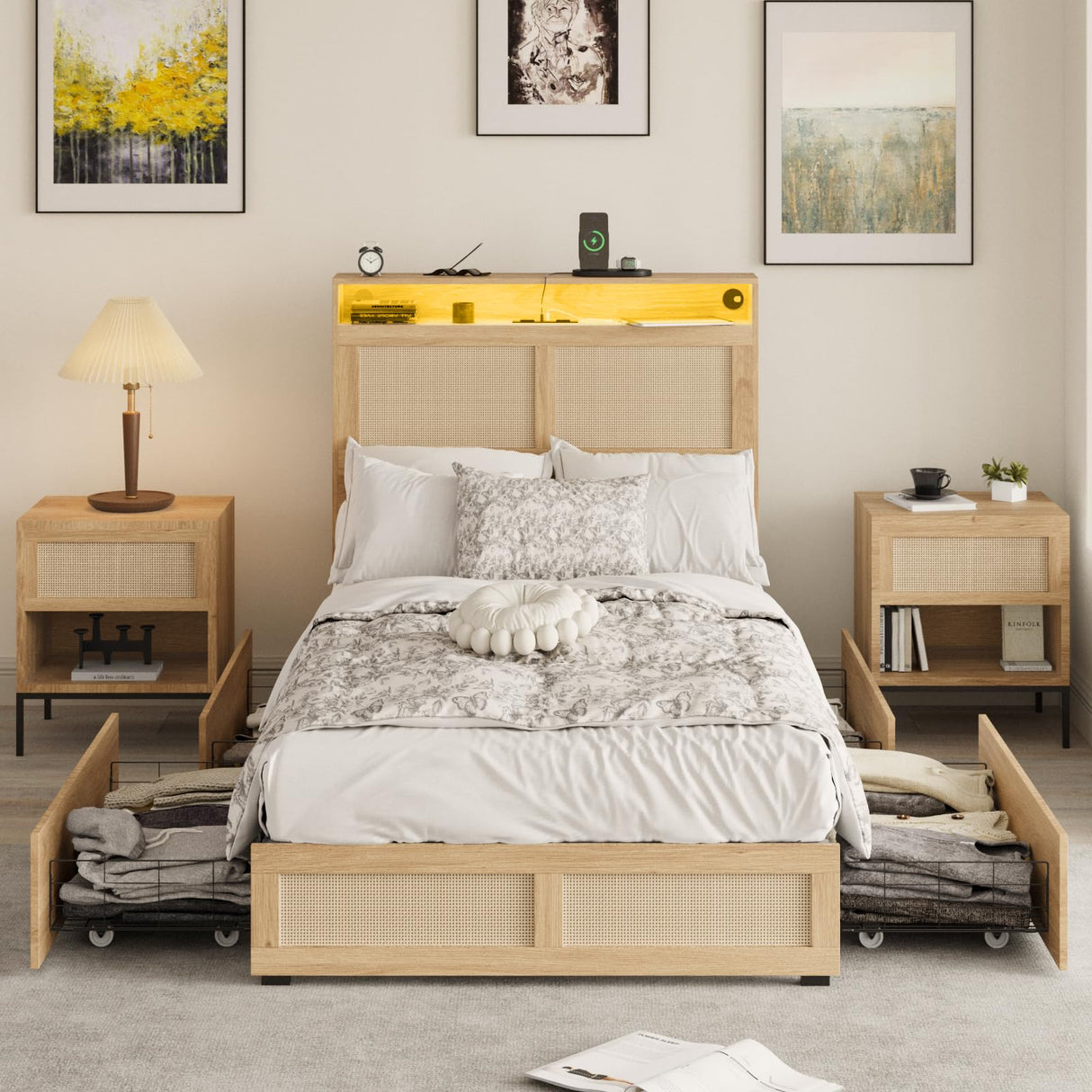 Fameill Twin Bed Frame with LED Light and Storage Rattan Headboard and 4 Drawers,Charging Station,Metal Platform with Strong Metal Slats Support,Boho Cane Bed Mattress Foundation No Box Spring Needed Fameill