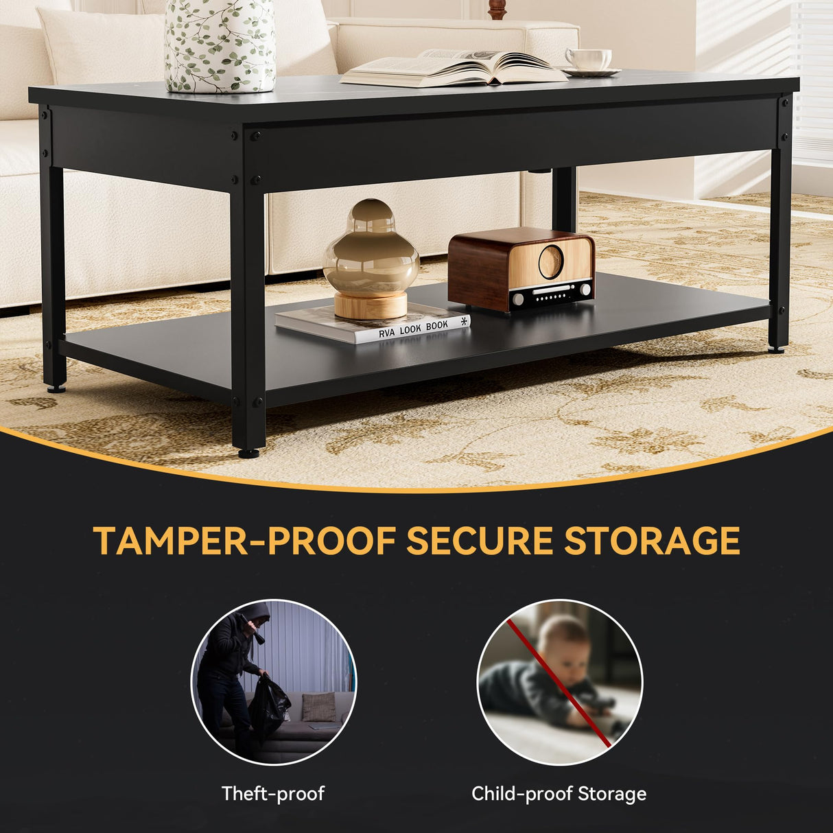 SmartEdge Coffee Table with Gun Safe with Biometric Lock, Lock Storage Table Designed for Firearms and Wine, Hidden Gun Storage for Jewelry Money Rifles Pistols and Ammo (Black Marble Wood) SmartEdge