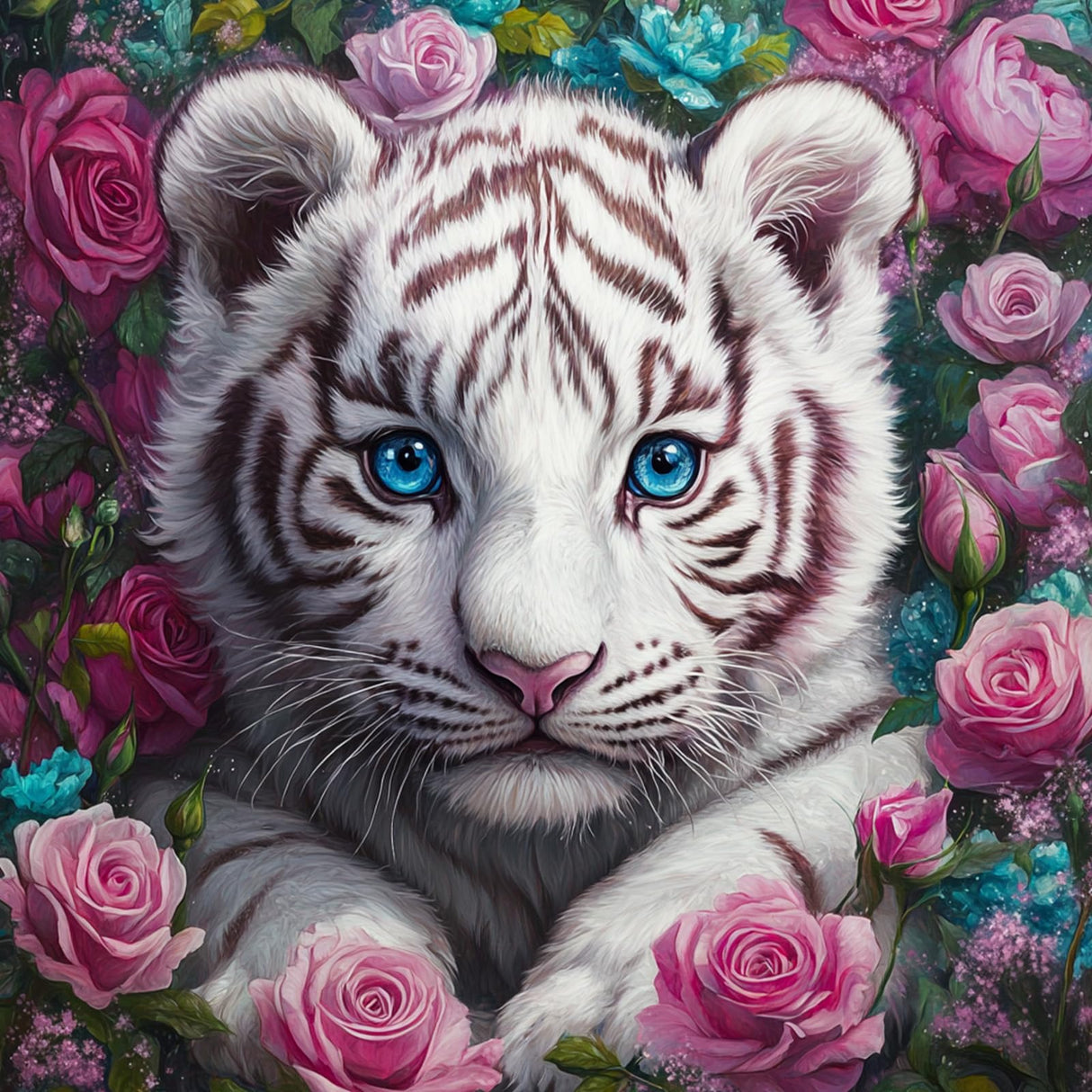 RICUVED Diamond Art Kits for Adults, White Tiger Diamond Painting Kits for Beginners, Animal Flowers DIY 5D Full Round Drill Gem Crystal Rhinestone Art and Craft Kit for Gift Home Wall Decor 30x30cm RICUVED