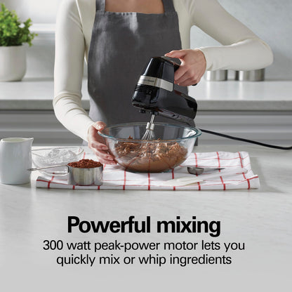 Hamilton Beach Electric Hand Mixer, 6 Speeds + Stir Button, 300 Watts of Peak Power for Powerful Mixing, Includes Whisk and Storage Clip, Black (62628)