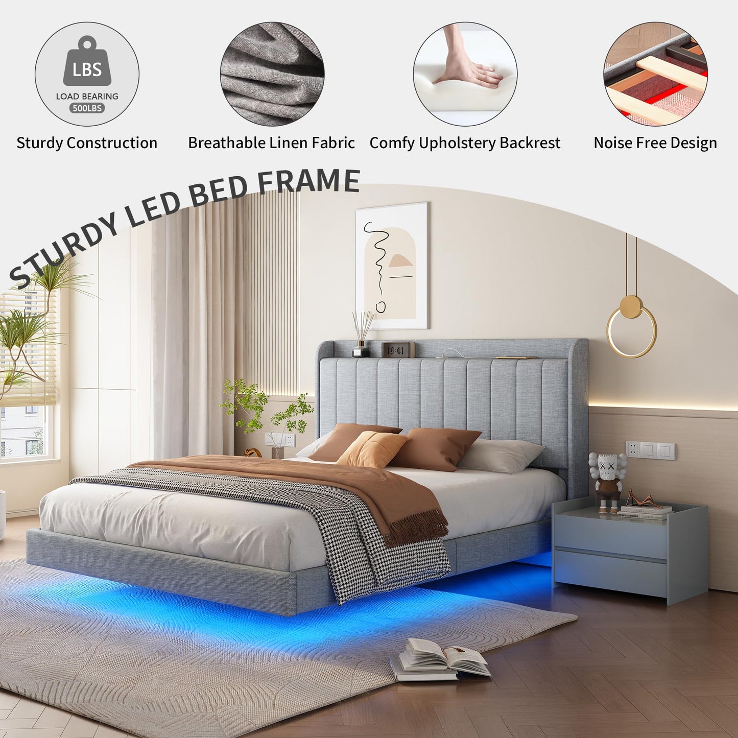 Acosure Floating Bedframe Queen Size with Remote Control LED Lights on APP,Mental Platform Bed W/Wood Slats Support,Easy Assembly,Elegant Furniture for Bedroom Guest Room Apartment,Light Grey