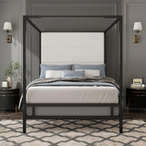 BEDGJH King Modern Canopy Bed Frame - Metal 4-Poster with Tall Linen Upholstered Headboard, Box Spring Required (Black,White, King) BEDGJH