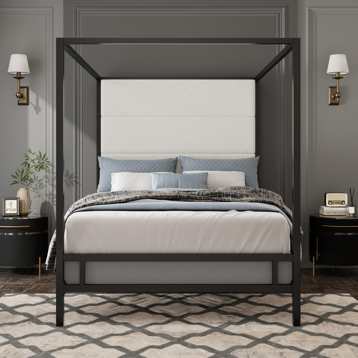 Modern 4-Poster Canopy Platform Bed Queen Size with Tall Upholstered Headboard, Metal Canopied Design Platform Bed Frame with Strong Slats Support (Black+White-J) XD Designs