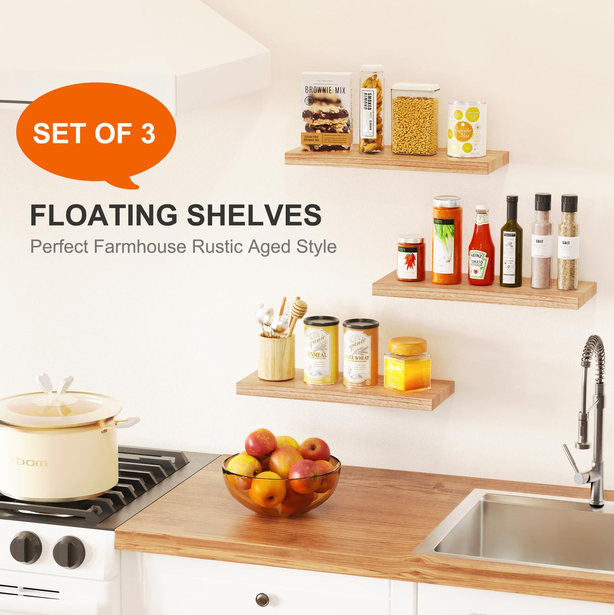 Greenual 3 Packs Floating Shelves for Wall, Nature Wood Wall Shelf, 16" Wall Mounted Floating Shelf for Kitchen, Living Room, Bedroom, Bathroom Storage, Book Shelf for Wall Home Decor, Frame Display Greenual