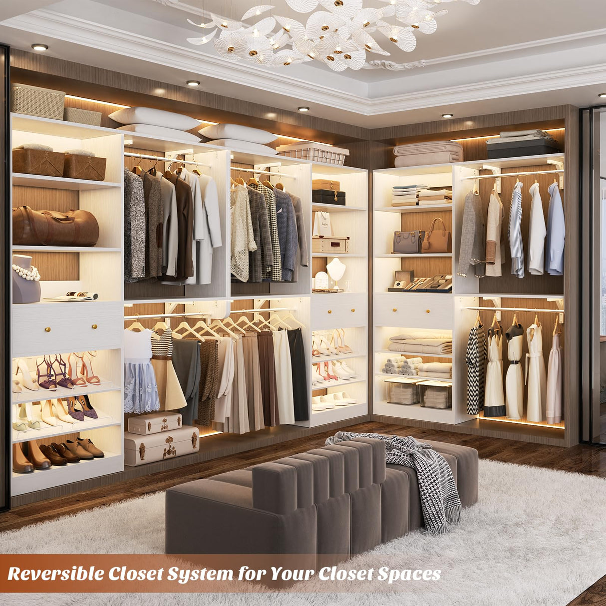 [10 FT Closet System] Reversible Set of 2 Wood Closet Organizer System with 2 Drawers, 4 Hanging Rods Adjustable Shelf, Walk In Closet Organizers with Shoe Rack, Garment Rack Clothes Rack, White Besiost