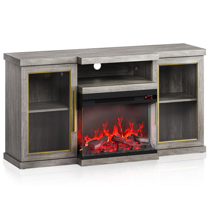 BELLEZE 57" TV Stand with 23" Electric Fireplace Heater with Sound, Entertainment Center for TVs Up to 65", Glass Door Storage Cabinet with 3-Side Glass Display Fireplace for Living Room, Bedroom-Grey