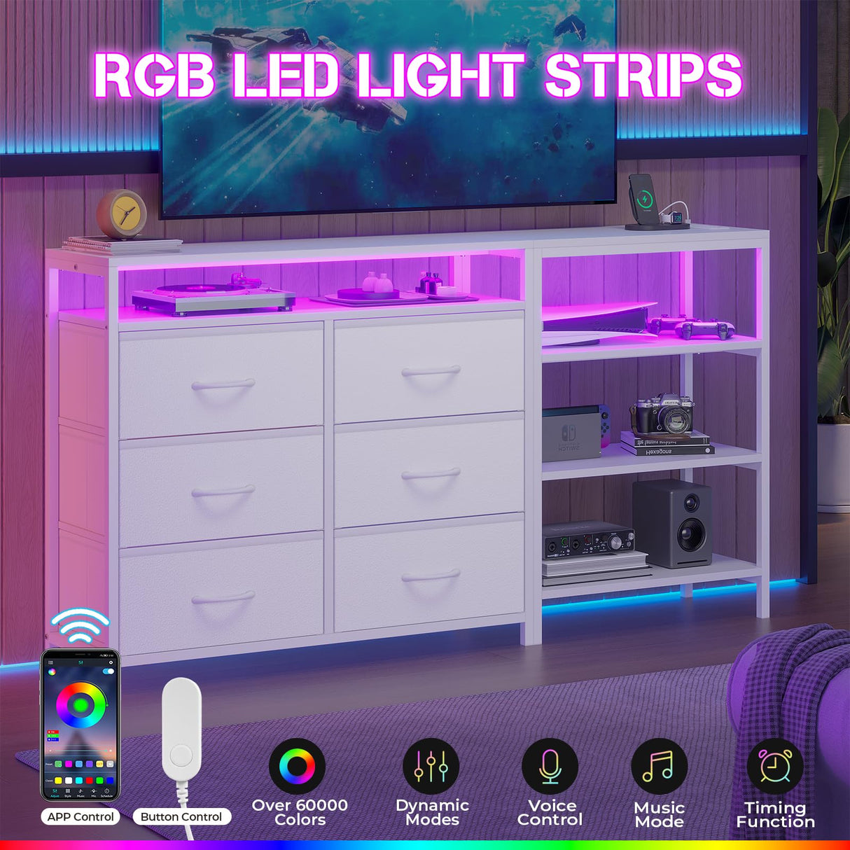 HAUOMS TV Stand with LED Lights for 60 Inch TV,Entertaiment Center with Charging Station,White L Shaped Corner TV Stand with Drawers & Shelves,6 PU Drawers,TV Stand Dresser for Bedroom HAUOMS