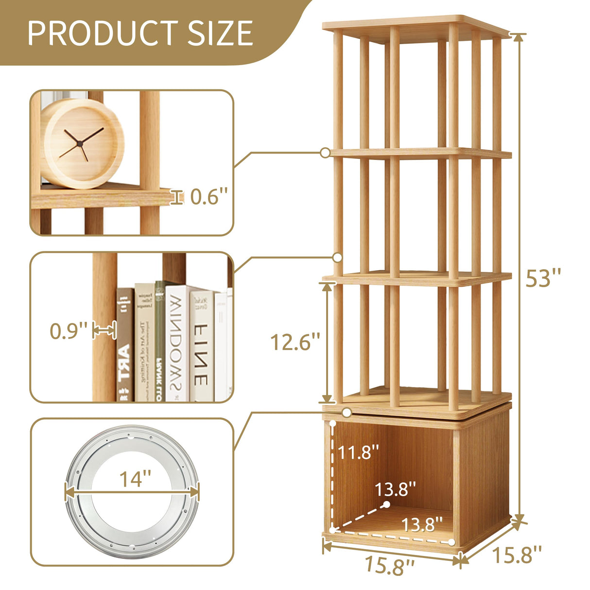 IOTXY 4-Tier Rotating Bookshelf Tower - Beech Wood Frame Spinning Bookcase with Storage Base, Tall Freestanding Revolving Shelf Organizer, Oak IOTXY