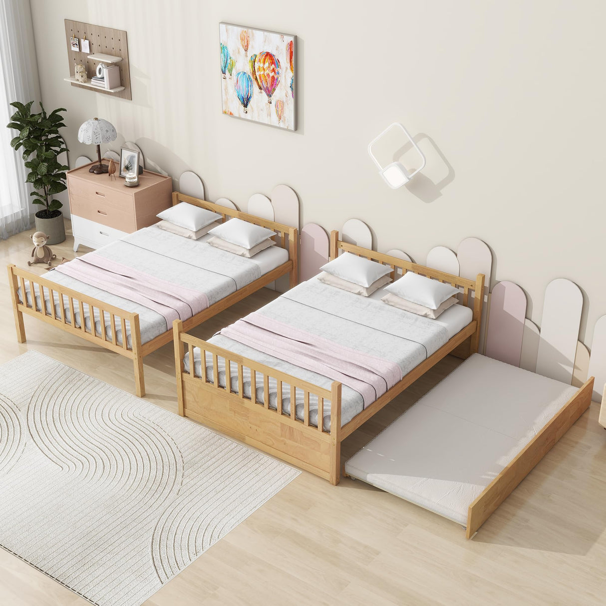 WIILAYOK Full Over Full Bunk Bed with Trundle, Convertible to 2 Platform Bed, Solid Wood Bunk Bed with Ladder and Safety Rails for Teens, Adults, Natural WIILAYOK