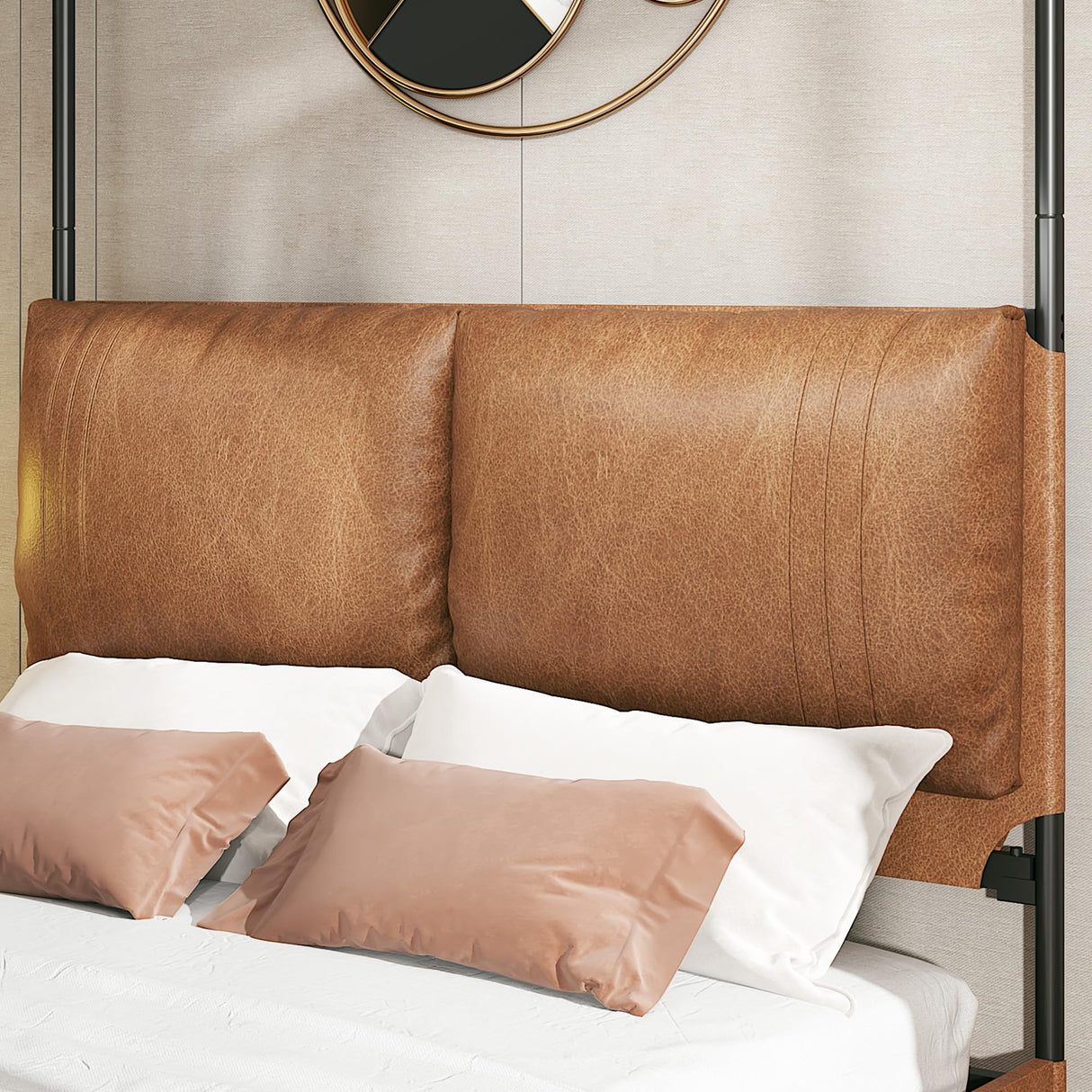 PAUKIN Canopy Bed Frame King Size with Upholstered Headboard, Sturdy and Stable, Easy to Assemble, Metal Bar Support, no Spring Mattress Required. (Brown, King) PAUKIN