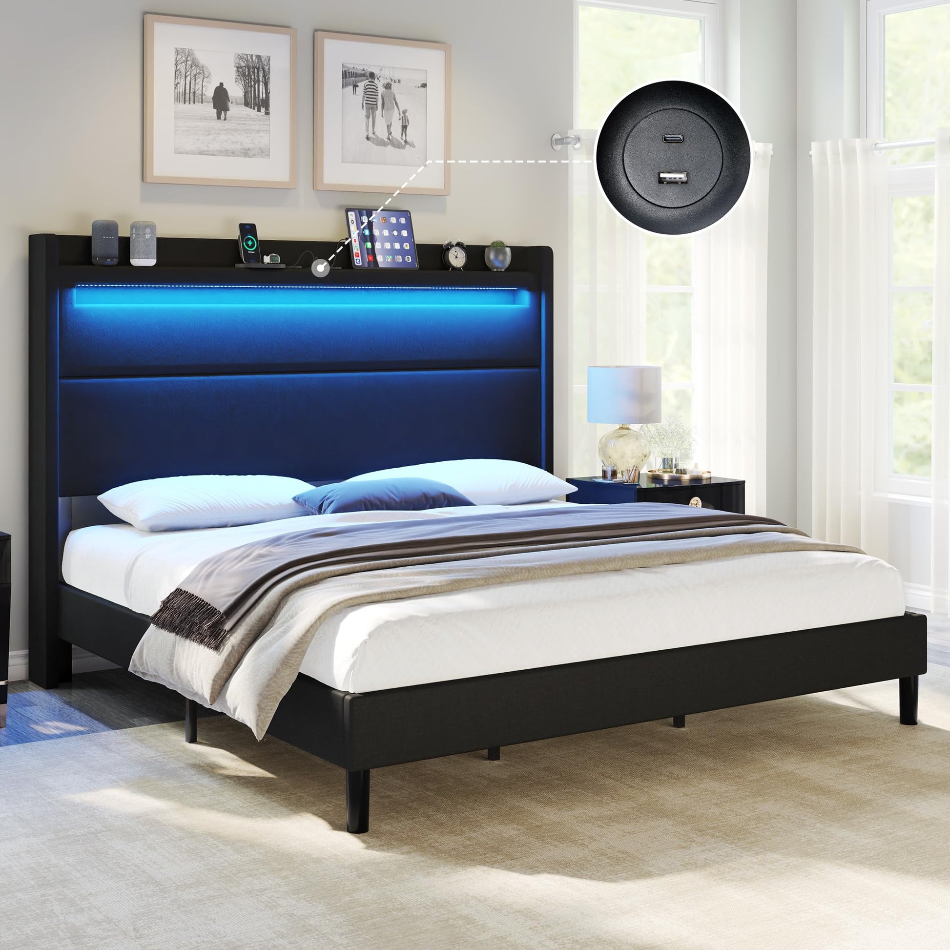 AMERLIFE LED Wingback King Bed Frame with USB Ports & Storage in Black - WoodArtSupply