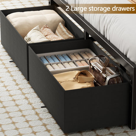 Furnulem Queen Size Bed Frame with Headboard, Platform Bed Frame Queen Size with 2 Storage Drawers and Charging Station & LED Lights, No Box Spring Needed, Noise Free Furnulem