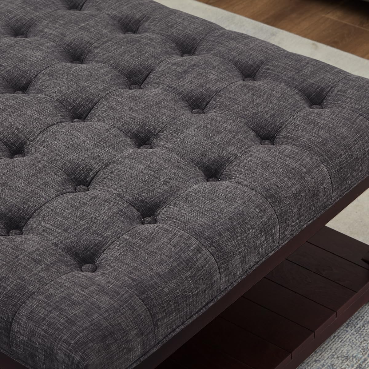 24KF Upholstered Square Coffee Table with Wooden Shelf, Tufted Button Large Square Ottoman with Spindle Wooden Legs, Linen Large Footrest Ottoman Pouf for Living Room, Dark Gray 24KF
