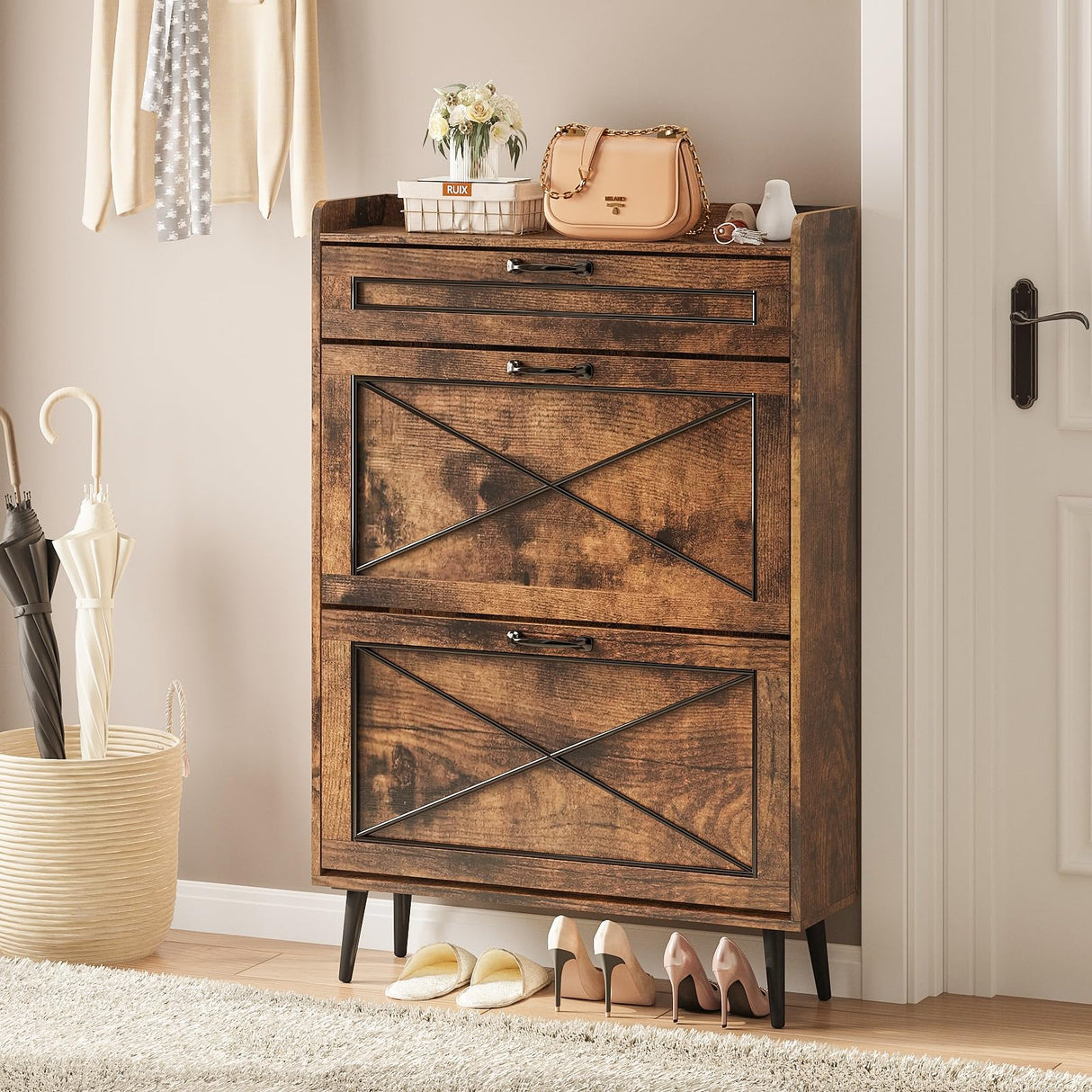 Maupvit Shoe Cabinet with 2 Flip Drawers,Hidden Shoe Storage Cabinet with 1 Pull Drawer for Entryway,Narrow Shoe Rack,Freestanding Slim Shoe Organizer Cabinet for Hallway,Brown Maupvit