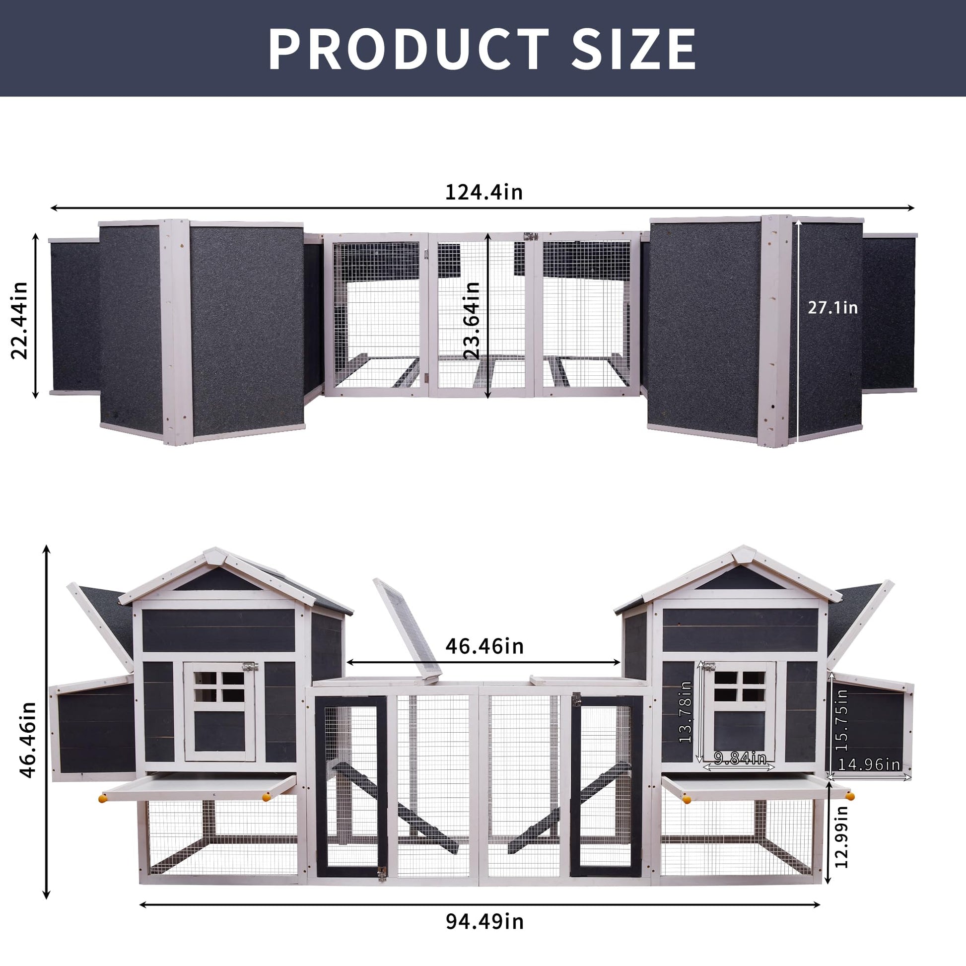 Fuhomtre Outdoor Wooden Chicken Coop with Ventilation Door Removable Tray Solid Wood Pet House Chicken Nesting Box for 6-8 Hens (124 x 27 x 46 in) White+Gray - WoodArtSupply