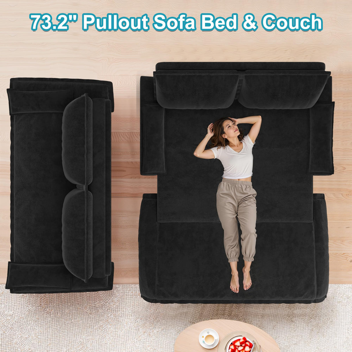 Lyngins 73.2 Inch Queen Size Sleeper Sofa Bed, 3 in 1 Convertible Pull Out Couch Velvet Loveseat Sofa Couch Bed with Pillow for Apartment, Bedroom, Living Room, Black Lyngins