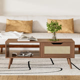 DIYART Brown Rattan Coffee table, Mid Century Modern with Drawer & Shelf, 39'' Wooden boho coffee table for Living Room DIYART
