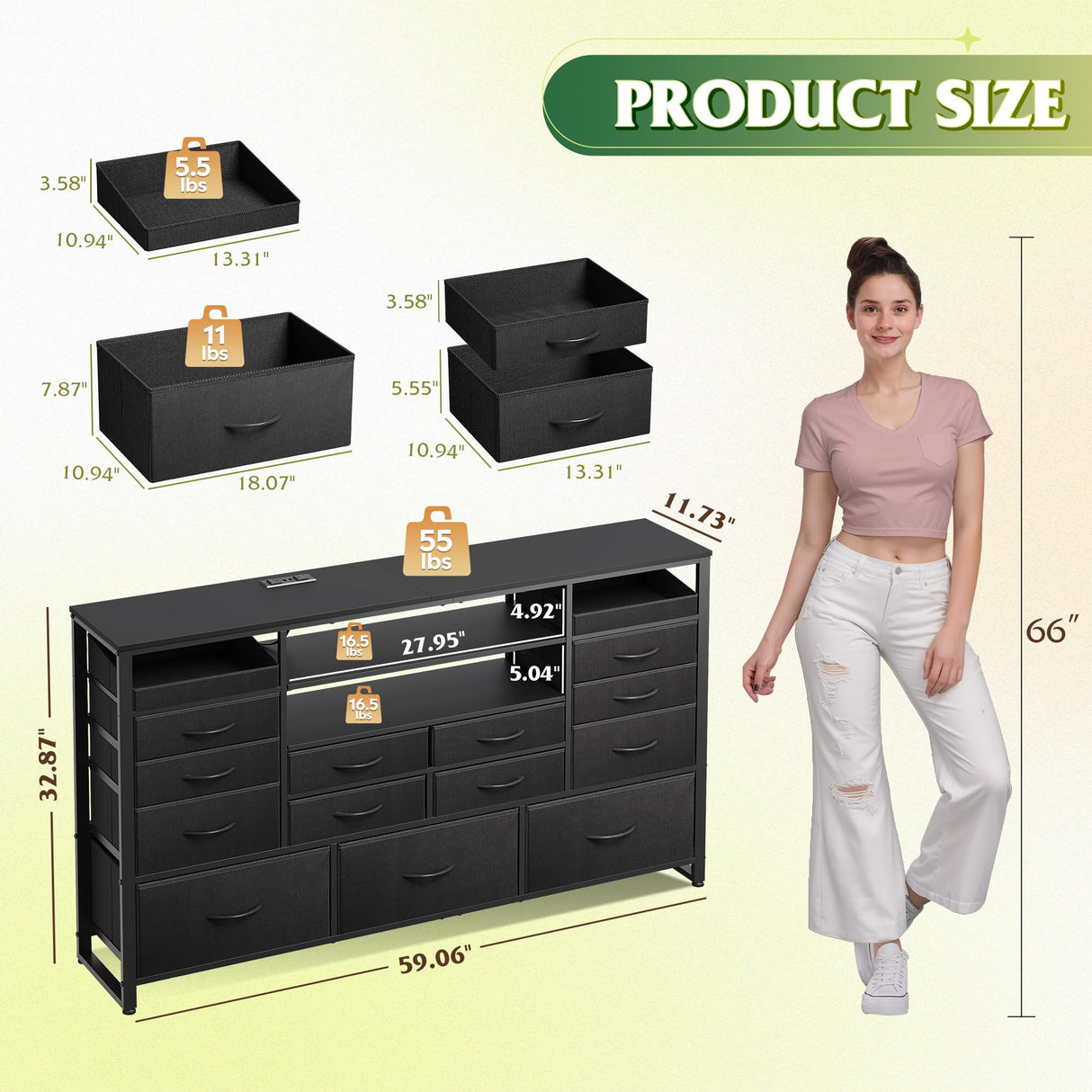 WLIVE Black TV Stand for 55, 60, 65 inch TV, Entertainment Center with LED Lights & Charging Station, TV Media Console Table with 15 Fabric Drawers and Open Shelves for Living Room, Hallway, Wood Topm WLIVE