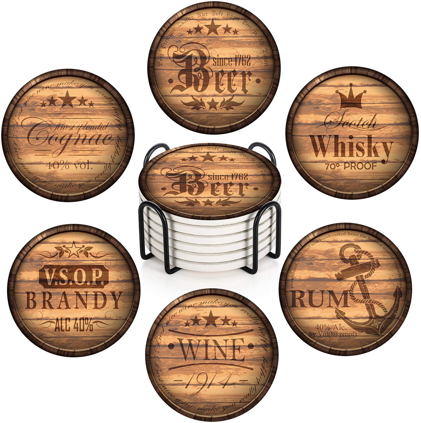 Britimes Set of 6 Coaster for Drinks Absorbent with Cork Base, Metal Holder, Round Wooden Stone Drink Mat for Coffee Wood Table, Gift for Birthday, Farmhouse Housewarming Room Bar Decor Retro - WoodArtSupply