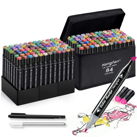 Alcohol Markers,84 Colors Dual Tip Coloring Markers for Adults,Markers for Adults,Give 1 White Highlighter,1 Tracing Pen,Coloring Illustrations Sketch Drawing Painting Card Making(Black Pen Container) hangfan