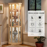 CKEASEAN Corner Curio Cabinet, 70" H Lighted Glass Display Cage with Tempered Glass Doors and 5 Adjustable Shelves, Light Bulb Inclued, Wine Bar China Cabinet for Living Room (Light Oak) CKEASEAN