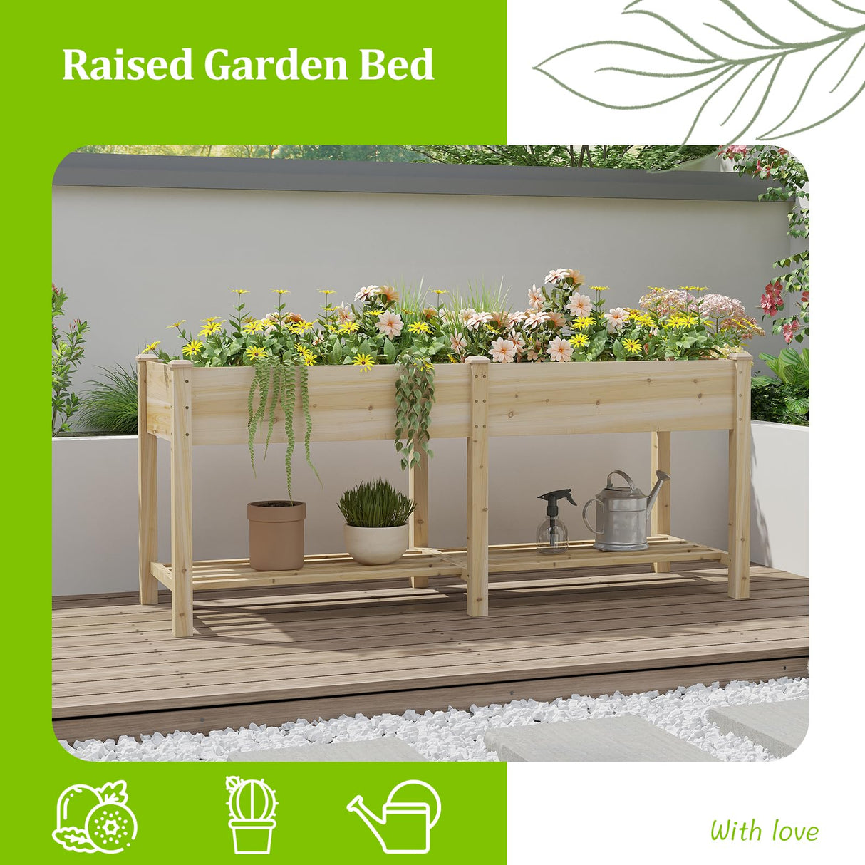 Raised Garden Bed, Planter Box with Storage Shelf, Elevated Wooden Planter Box with Legs, Garden Planter for Backyard, Patio, Balcony, Natural Wood (Natural, L) Dawnyard
