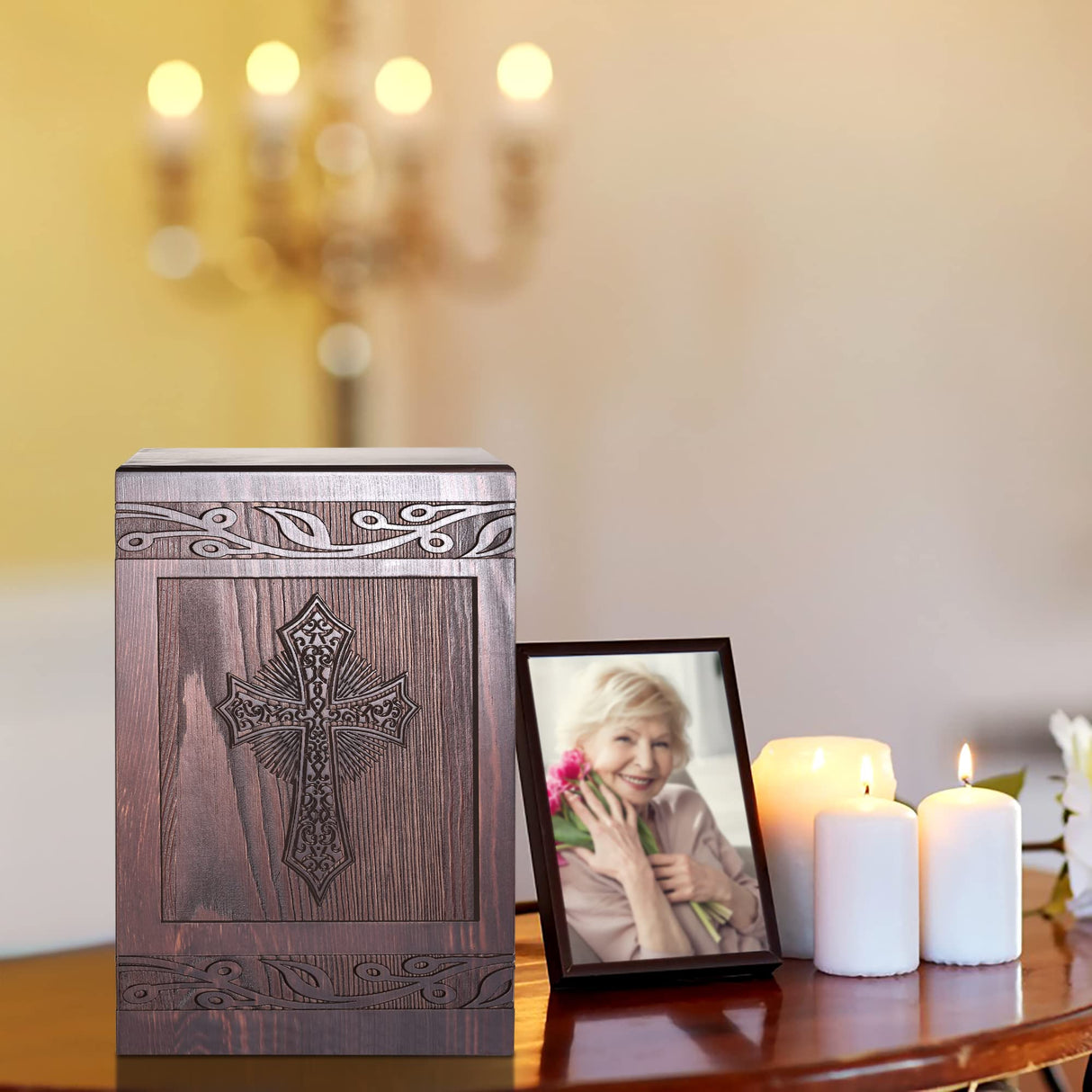 Cremation Urns for Human Ashes Adult Male Female, Wooden Carved Cross Urns Box and Casket for Ashes Men Women Child, Pets Cat Dog Urn, Burial Funeral Memorial Urns for Ashes, Holds 222 Cubic Inch DGDCDV