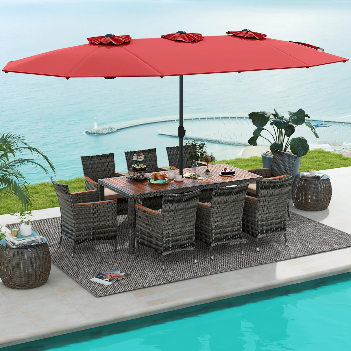 Tangkula 10 Pieces Patio Wicker Dining Set w/Double-Sided Patio Umbrella, Outdoor Acacia Wood Furniture Set w/ 8 Armchairs, 71” Dining Table & 15 ft Umbrella with Weighted Base (Wine) Tangkula
