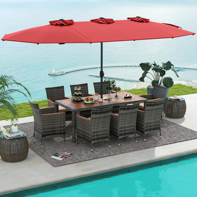 Tangkula 10 Pieces Patio Wicker Dining Set w/Double-Sided Patio Umbrella, Outdoor Acacia Wood Furniture Set w/ 8 Armchairs, 71” Dining Table & 15 ft Umbrella with Weighted Base (Wine)