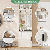 IDEALHOUSE Farmhouse Narrow Coat Rack with Shoe Storage, 23.6" Small Hall Tree with Bench, Entryway Coat Rack with 5 Hooks, 2 Cubbies & 1 Barn Door Cabinet for Entryway, Hallway, Mudroom, White/Brown IDEALHOUSE