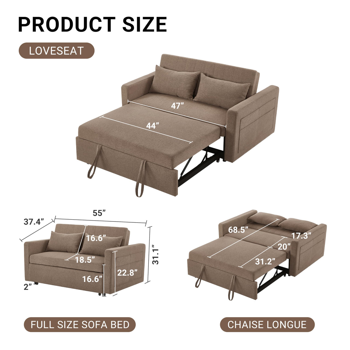 N NOORDENIYA 55.5" Fabric Convertible Sofa Bed, Pull Out Sleeper Sofa Bed, Loveseat Couch with Side Pocket, 3 in 1 Convertible Sleeper Sofa Bed for Living Room, Apartment, Bedroom, RV, Brown N NOORDENIYA