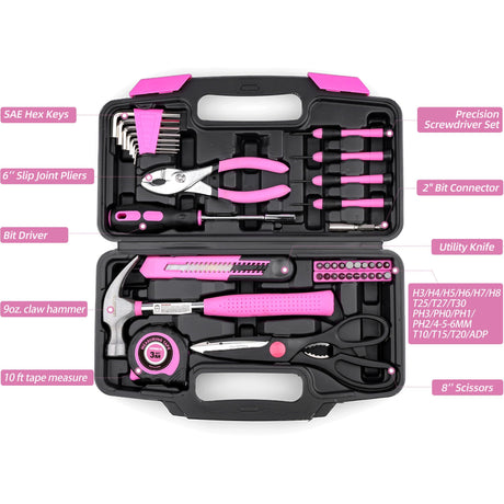 URASISTO 40-Piece Home Tool Kit with Easy Carrying Box, Small Basic Hand Tool Set Perfect for DIY Building, Home Maintenance and Woodworking, Great for College Students - PINK URASISTO