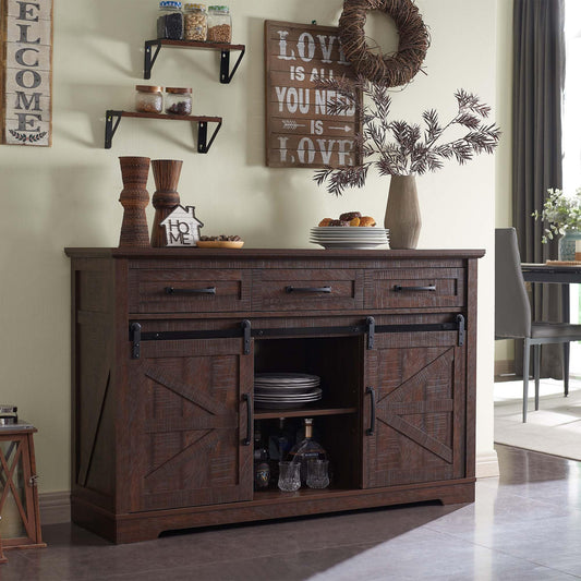 IFGET Farmhouse Buffet Cabinet, 53” Sideboard Cabinet w/3 Drawer, Rustic Storage Cabinet w/Sliding Barn Door, Coffee Bar Cabinet for Dinning Room, Kitchen, Hallway, and Living Room, Brown - WoodArtSupply