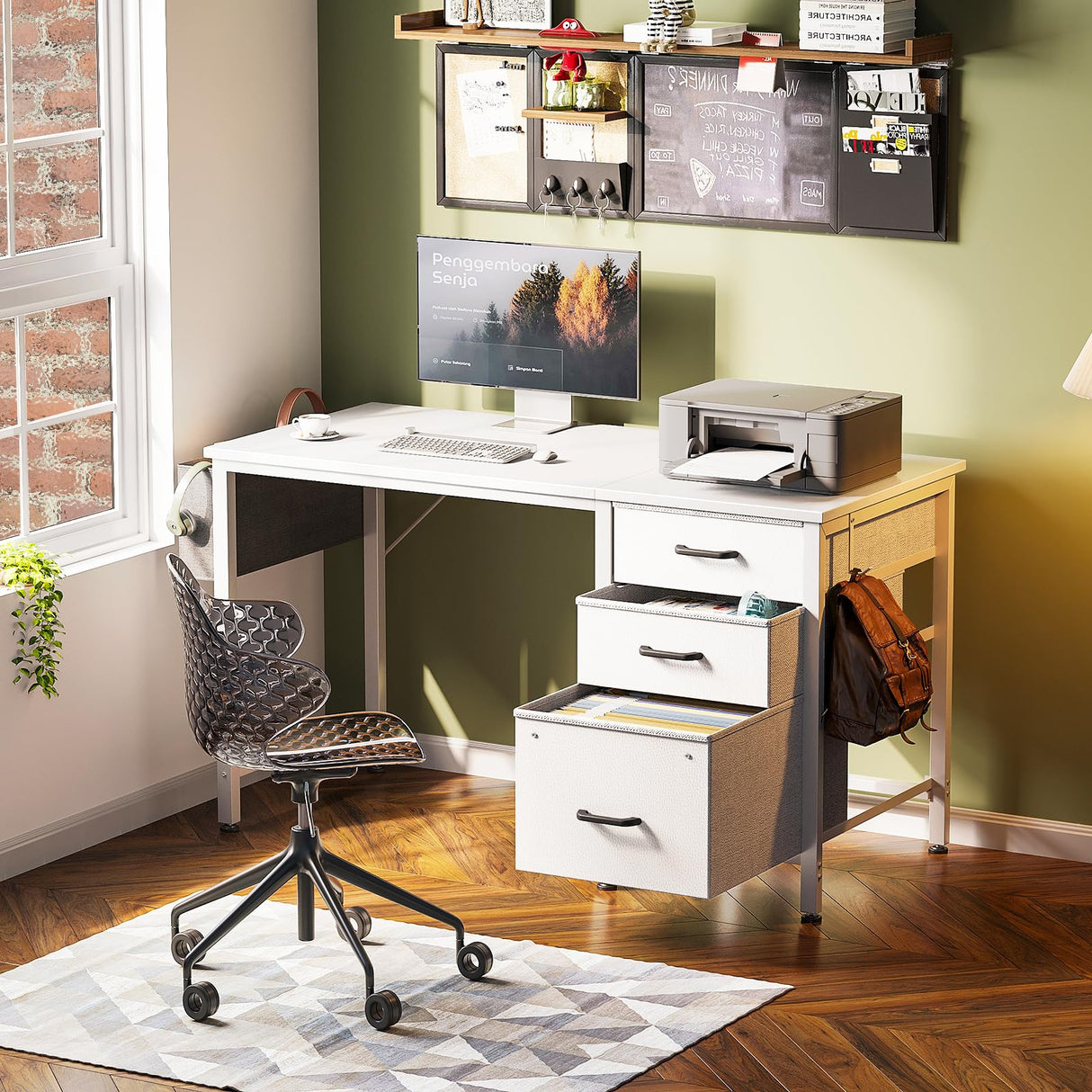 Casaottima 40-Inch Small Computer Desk with Fabric Drawers & File Cabinet, Home Office Desk with Cloth Storage Bag and Hook, Writing Study Work Table for Small Space, Vanity Desk for Bedroom, White Casaottima