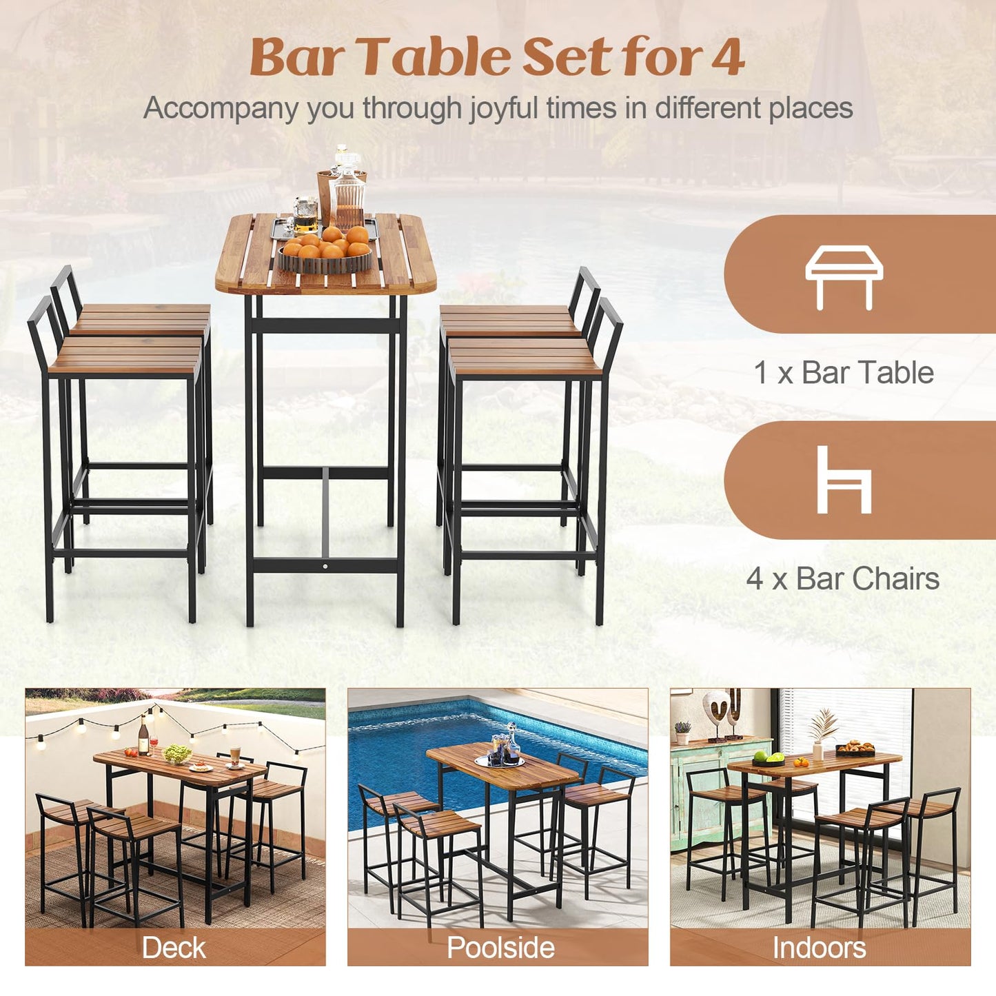 Tangkula 5-Piece Rustic Acacia Wood Outdoor Bar Set for Patio Dining and Relaxation