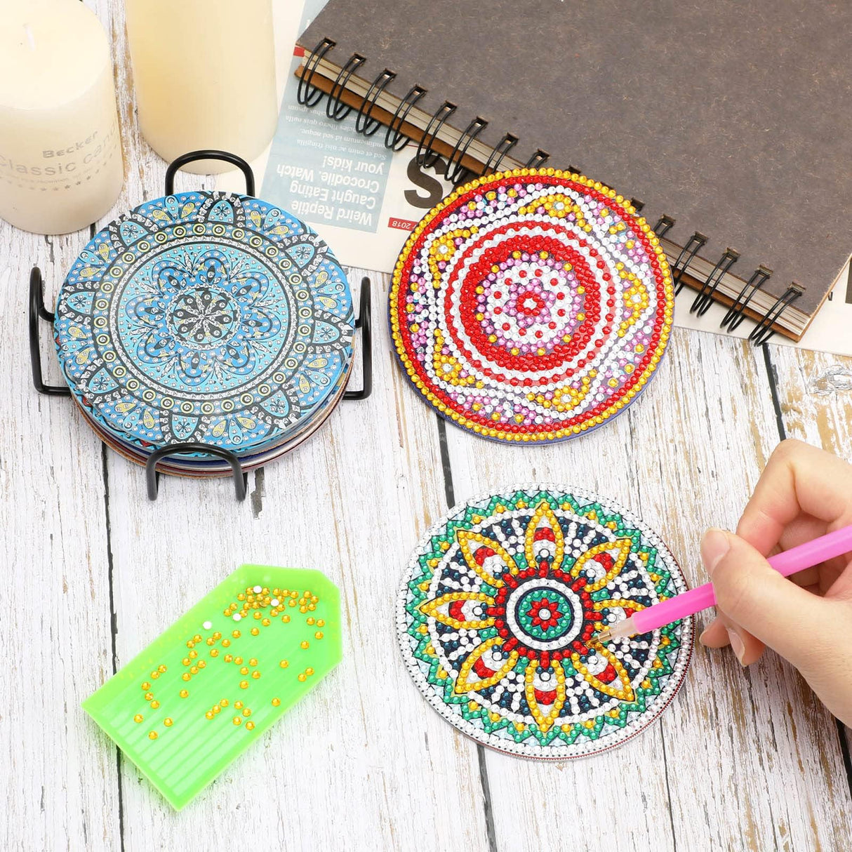 UPINS 8Pcs Mandala Diamond Art Painting Art Coasters Kits with Holder, Diamond Art Non Slip Coaster Kits DIY with Holder Crafts for Adults Diamond Art Painting Kits Supplies for Christmas Gift UPINS