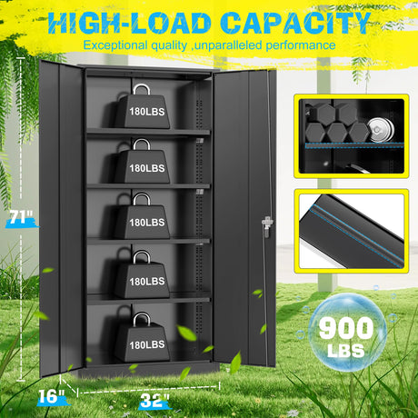 Pataku 71'' Metal Storage Cabinet, Garage Storage Cabinet with 2 Doors and 4 Adjustable Shelves, Steel Lockable Storage Cabinet, Black File Cabinets for Home, Office, Warehouse Pataku