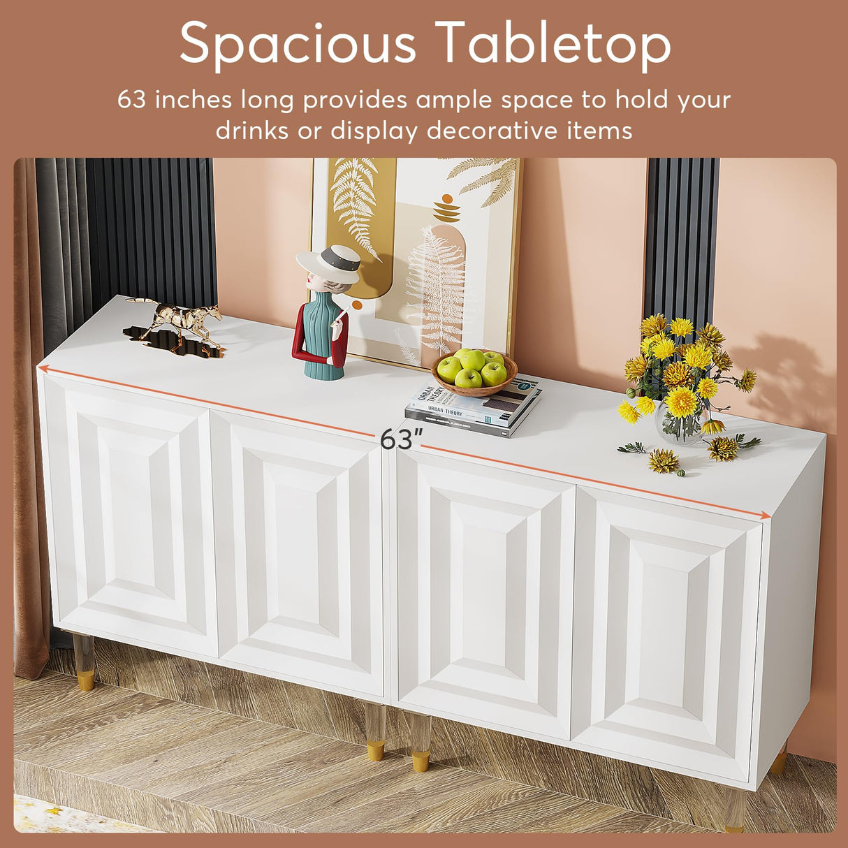 Tribesigns Sideboard Buffet Cabinet, 63 Inch Modern Kitchen Accent Cabinet with 4 Doors and Storage Shelves, White Credenzas Console Bar Cabinet for Living Room, Dining Room, Entryway, Office Tribesigns